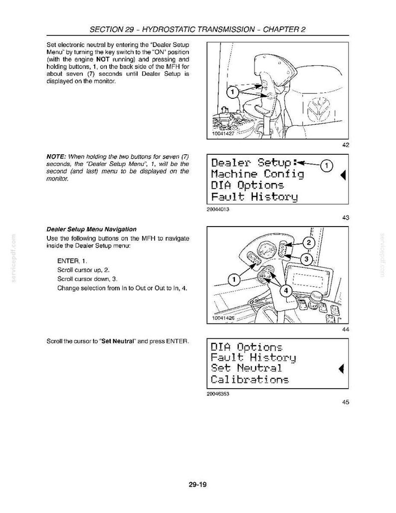 May include: A page from a manual detailing the "Dealer Setup Menu" for a hydrostatic transmission system. The page includes diagrams of the control panel, menu options, and instructions for navigation. The text includes "Machine Config", "DIA Options", and "Fault History".