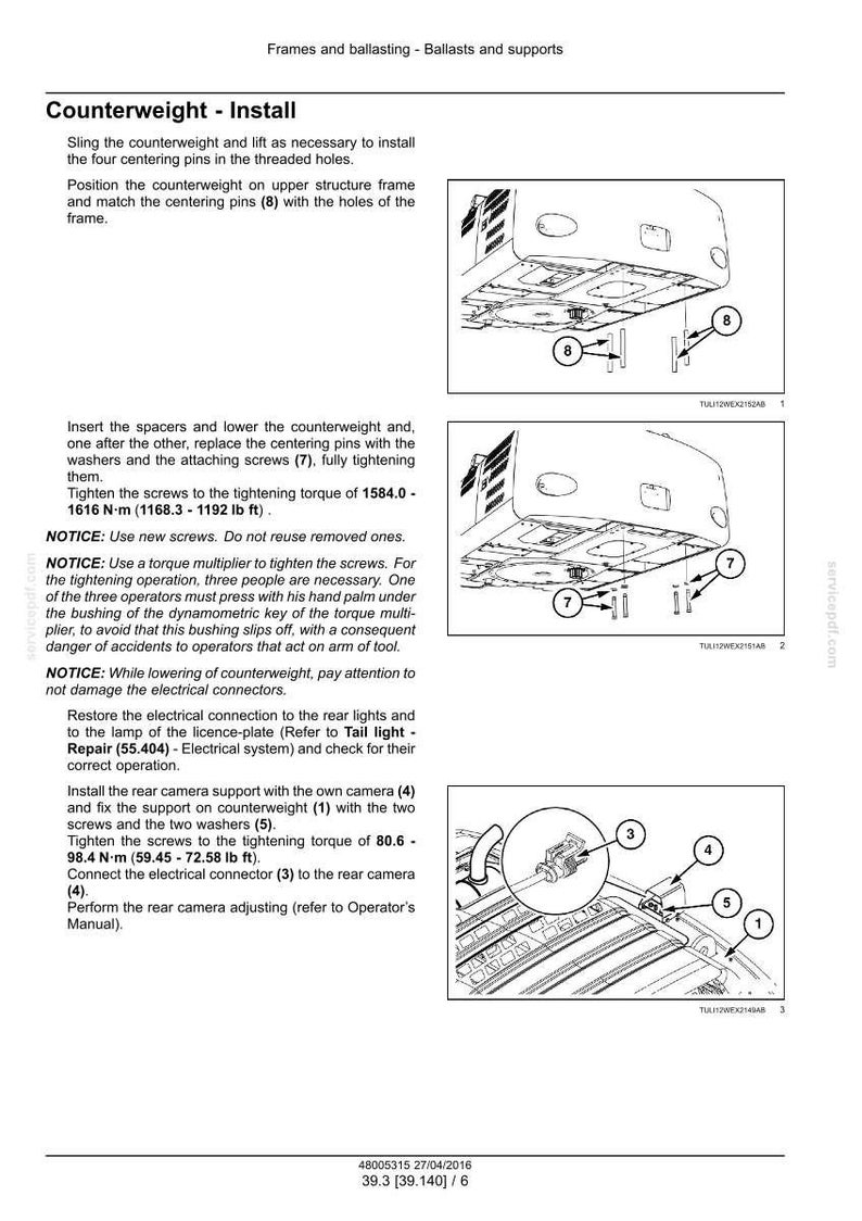 May include: Diagrams and instructions for installing a counterweight, including steps for aligning pins, tightening screws, and connecting electrical components. Includes torque specifications in foot-pounds and illustrations of the process.