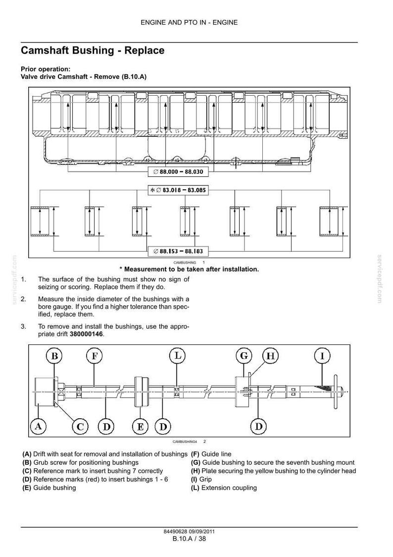 May include: Diagram of a camshaft bushing replacement procedure. The image includes a detailed schematic with measurements, labeled components (A-L), and instructions for installation and inspection. Text includes "Camshaft Bushing - Replace".