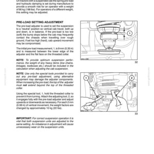 May include: Page from a manual detailing cab suspension adjustment. Diagrams show the pre-load setting adjustment process, including measurements in inches and the use of special tools. Text explains the procedure for tractors with suspended cabs.