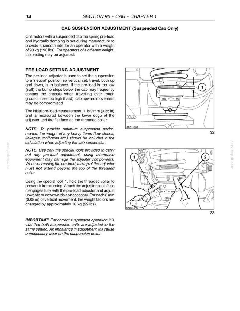May include: Page from a manual detailing cab suspension adjustment. Diagrams show the pre-load setting adjustment process, including measurements in inches and the use of special tools. Text explains the procedure for tractors with suspended cabs.