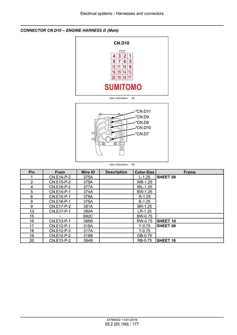 May include: Diagram of an engine harness connector, CN.D10, with pin assignments and wire details. Includes a diagram of the connector and a table with wire IDs, descriptions, and color sizes. The text "SUMITOMO" is visible.