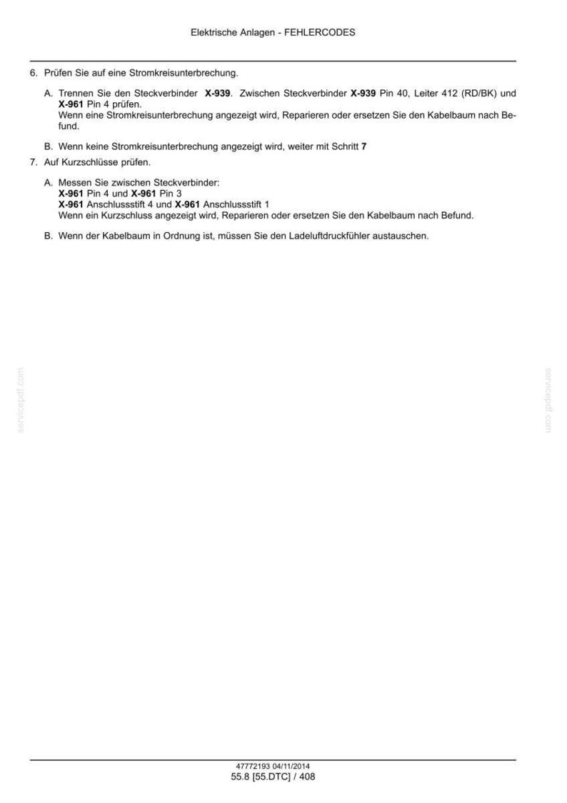 May include: A technical document page titled Elektrische Anlagen - FEHLERCODES containing instructions for checking electrical circuits, specifically testing for open circuits and short circuits between connectors X-939 and X-961.