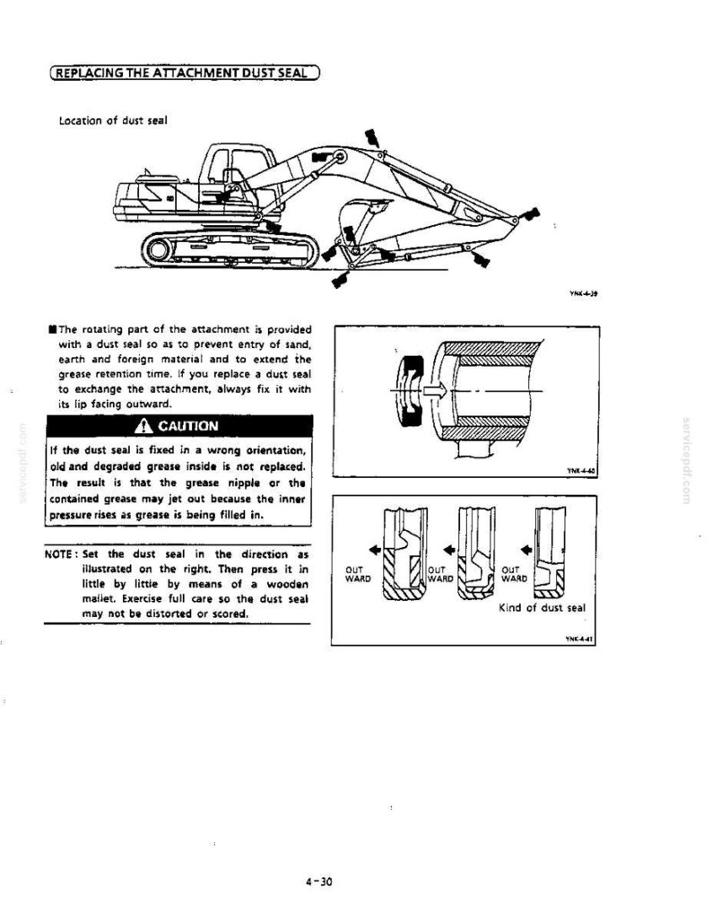 May include: A technical manual page titled REPLACING THE ATTACHMENT DUST SEAL featuring a line drawing of an excavator, diagrams showing the installation orientation of a dust seal, and text instructions regarding the prevention of debris entry.