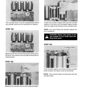 May include: Technical diagram illustrating the reconditioning of a cylinder block for sleeves. The image includes detailed steps with text instructions, diagrams, and measurements in millimeters. The process involves disassembly, freezing sleeves, and machining.