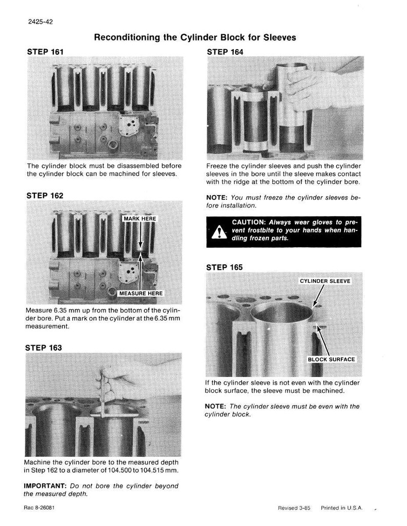 May include: Technical diagram illustrating the reconditioning of a cylinder block for sleeves. The image includes detailed steps with text instructions, diagrams, and measurements in millimeters. The process involves disassembly, freezing sleeves, and machining.