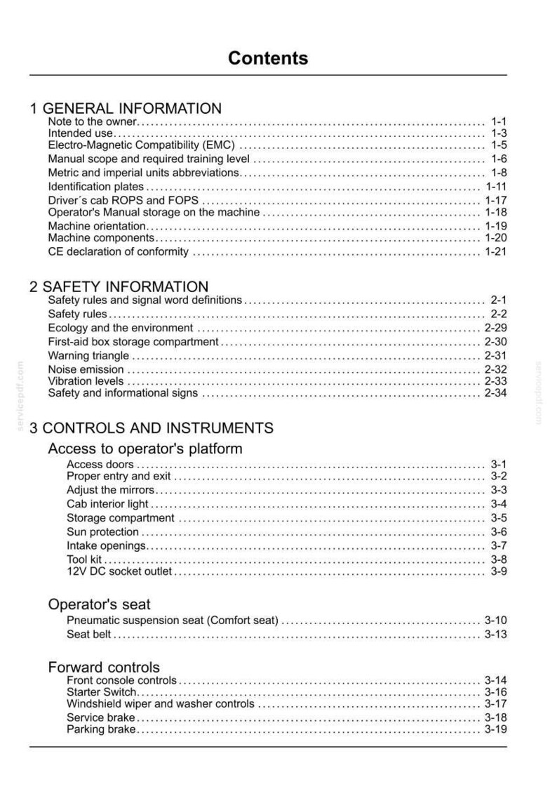 May include: A white document titled "Contents" with a list of topics, including "General Information," "Safety Information," and "Controls and Instruments." The document is a manual with page numbers.