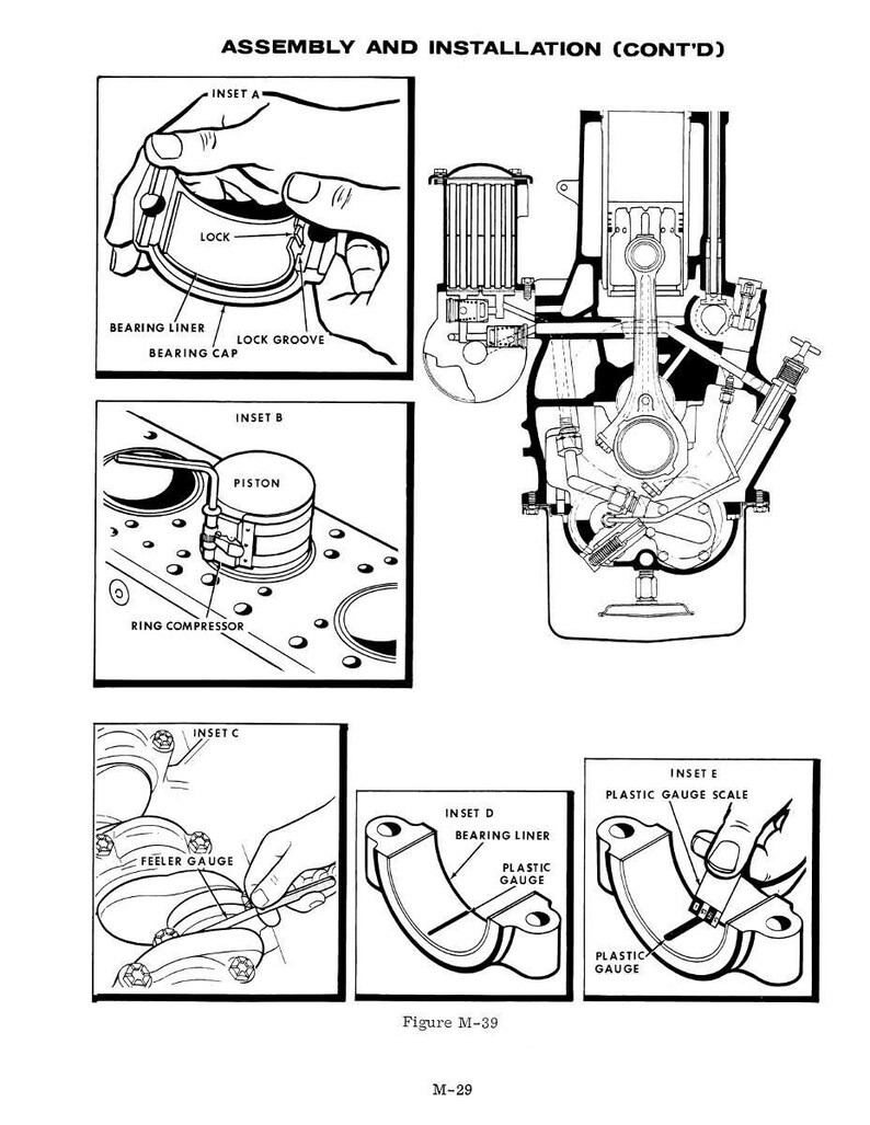 May include: Black and white diagram illustrating the assembly and installation of an engine. The diagram includes insets showing various components such as a piston, bearing liner, and plastic gauge. Text includes "Assembly and Installation (Cont'd)" and "Figure M-39".