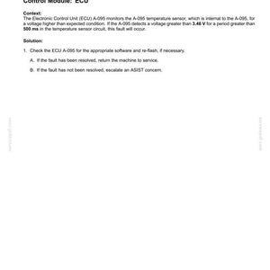 May include: A technical document titled "Electrical systems - FAULT CODES" with the text "3966 (DTC 165D) - ECU temperature sensor voltage is higher than expected". It includes context and solution steps for troubleshooting.
