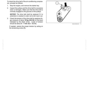 May include: Diagram of an air conditioning compressor drive belt check. The image shows the belt, pulleys, and an arrow indicating where to apply pressure. Text provides instructions for checking belt tension and replacing the belt if needed.