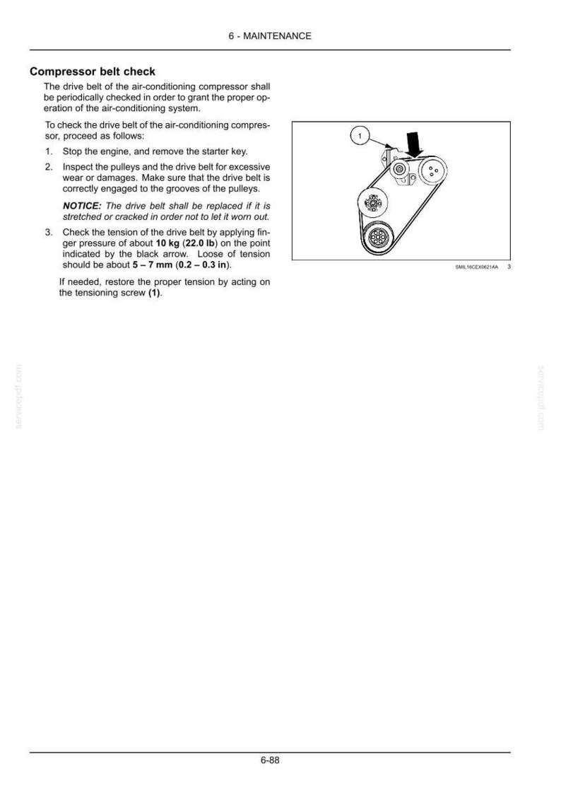 May include: Diagram of an air conditioning compressor drive belt check. The image shows the belt, pulleys, and an arrow indicating where to apply pressure. Text provides instructions for checking belt tension and replacing the belt if needed.