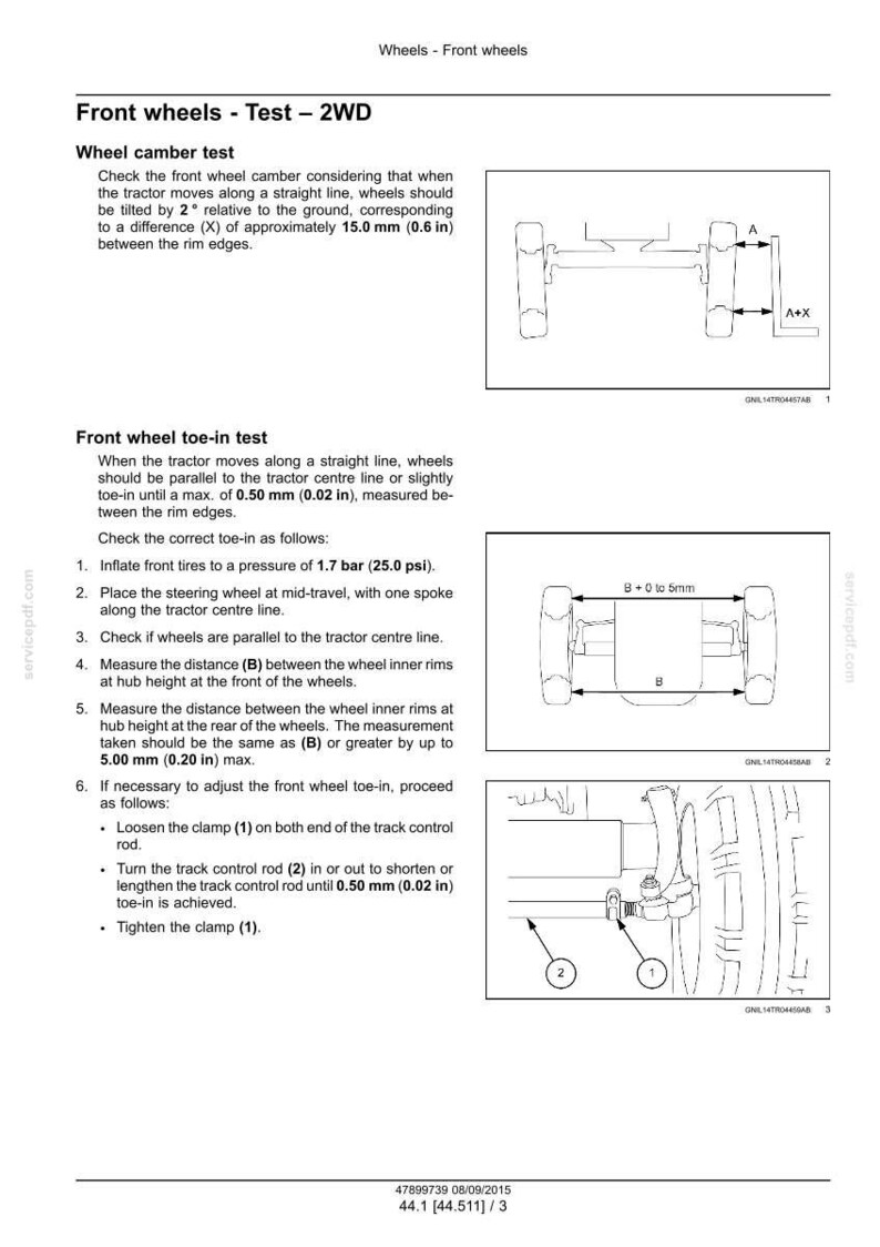 May include: Diagram of front wheel alignment tests for a tractor. Includes illustrations for wheel camber and toe-in tests, with measurements in inches and psi. Instructions for adjusting the track control rod are also shown.