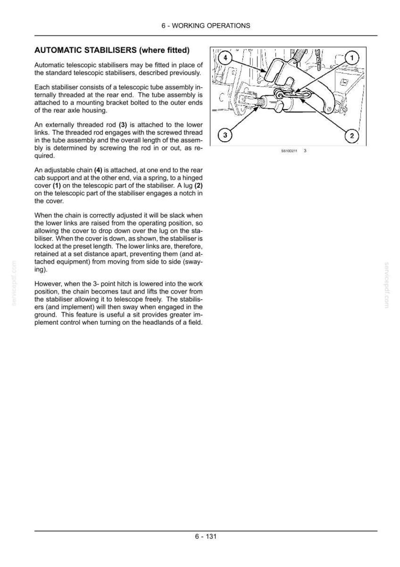 Peut inclure: Une page de manuel technique intitul&eacute;e 6-WORKING OPERATIONS pr&eacute;sentant un dessin au trait noir et blanc d'un m&eacute;canisme de stabilisateur automatique. Le sch&eacute;ma inclut les composants num&eacute;rot&eacute;s 1 &agrave; 4, illustrant un tube t&eacute;lescopique et une cha&icirc;ne.