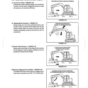 May include: A technical manual page titled Section III - BASIC MACHINE OPERATION, featuring four black and white line drawings of an excavator. The diagrams illustrate operational techniques, including arm movement, boom control, and bucket positioning.