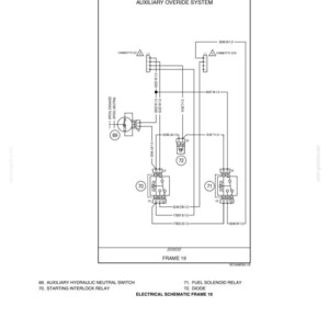 May include: Electrical schematic diagram labeled "AUXILIARY OVERRIDE SYSTEM." The diagram includes components like relays, switches, and a diode, with text labels and connection lines. The diagram is labeled "FRAME 19."