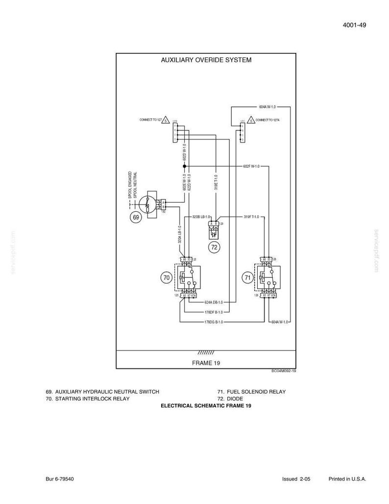 May include: Electrical schematic diagram labeled "AUXILIARY OVERRIDE SYSTEM." The diagram includes components like relays, switches, and a diode, with text labels and connection lines. The diagram is labeled "FRAME 19."
