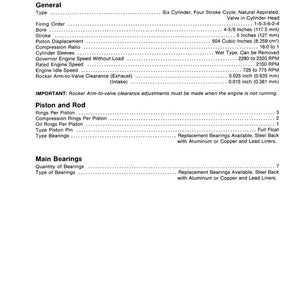 May include: A detailed technical specification sheet for a diesel engine, featuring text in black font on a white background. Key details include bore, stroke, piston displacement, and compression ratio. The document is labeled "DIESEL ENGINE SPECIFICATIONS" and includes measurements in inches.