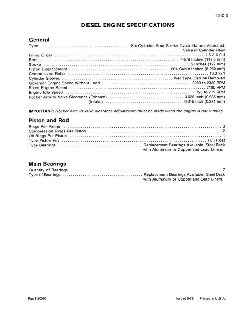 May include: A detailed technical specification sheet for a diesel engine, featuring text in black font on a white background. Key details include bore, stroke, piston displacement, and compression ratio. The document is labeled "DIESEL ENGINE SPECIFICATIONS" and includes measurements in inches.