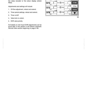 May include: A technical manual page titled Section 3 - Field Operations, detailing Mid Mount EHR Valve Adjustments. It includes a list of five adjustment types and a grayscale graphic of a digital display screen labeled Front EHRs with settings.
