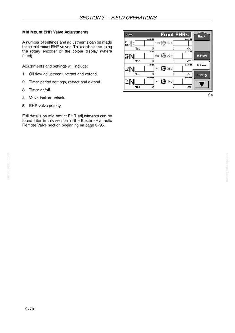 May include: A technical manual page titled Section 3 - Field Operations, detailing Mid Mount EHR Valve Adjustments. It includes a list of five adjustment types and a grayscale graphic of a digital display screen labeled Front EHRs with settings.