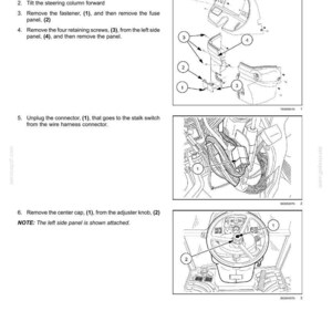 May include: Diagram of an electrical system showing the process to remove a stalk switch. The image includes numbered steps and diagrams of the components, including the fuse panel, screws, and connector.