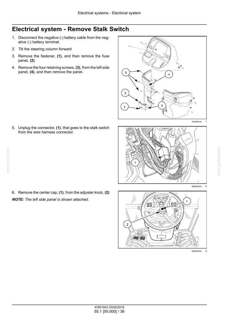 May include: Diagram of an electrical system showing the process to remove a stalk switch. The image includes numbered steps and diagrams of the components, including the fuse panel, screws, and connector.