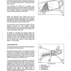 Op de afbeelding: Een technische handleidingspagina getiteld Section 4 - Hydraulic Systems, met diagrammen van een processor en een lastmeetpen. De tekst legt de werking van de processor en de lastmeetpennen uit, inclusief genummerde labels voor de onderdelen.