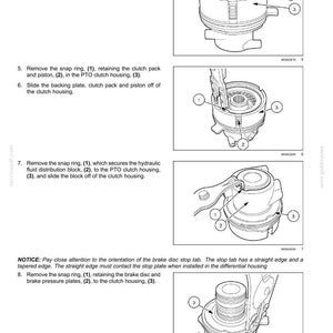 May include: Diagram of a Power Take-Off (PTO) system, illustrating the removal of components such as snap rings, washers, and springs from the clutch housing. The image includes numbered labels for each part, with text instructions.