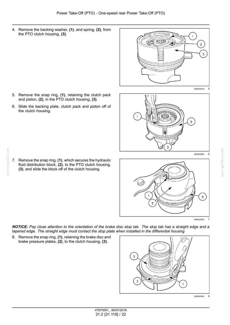 May include: Diagram of a Power Take-Off (PTO) system, illustrating the removal of components such as snap rings, washers, and springs from the clutch housing. The image includes numbered labels for each part, with text instructions.