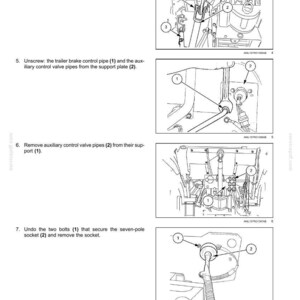 Puede incluir: Diagrama del sistema de elevaci&oacute;n principal de un sistema hidr&aacute;ulico, con componentes numerados e instrucciones. Incluye ilustraciones de la extracci&oacute;n de pasadores, varillas de elevaci&oacute;n y puntales, el desenroscado de tuber&iacute;as y la extracci&oacute;n de un enchufe de siete polos.