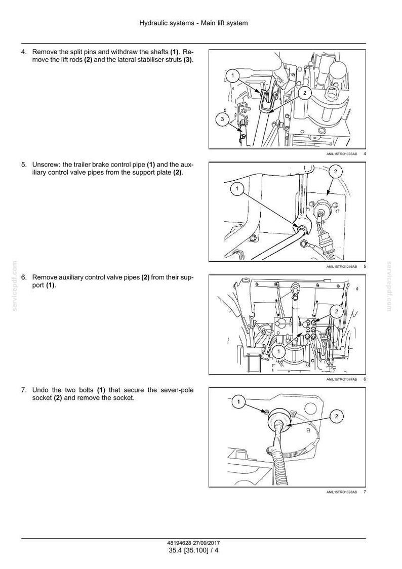 Puede incluir: Diagrama del sistema de elevaci&oacute;n principal de un sistema hidr&aacute;ulico, con componentes numerados e instrucciones. Incluye ilustraciones de la extracci&oacute;n de pasadores, varillas de elevaci&oacute;n y puntales, el desenroscado de tuber&iacute;as y la extracci&oacute;n de un enchufe de siete polos.