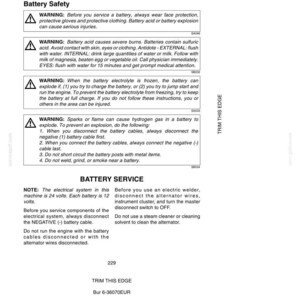 May include: A page from a manual titled "ELECTRICAL SYSTEM" with safety warnings about battery acid and explosions. The text includes instructions for battery service and safety precautions, with warnings in bold.
