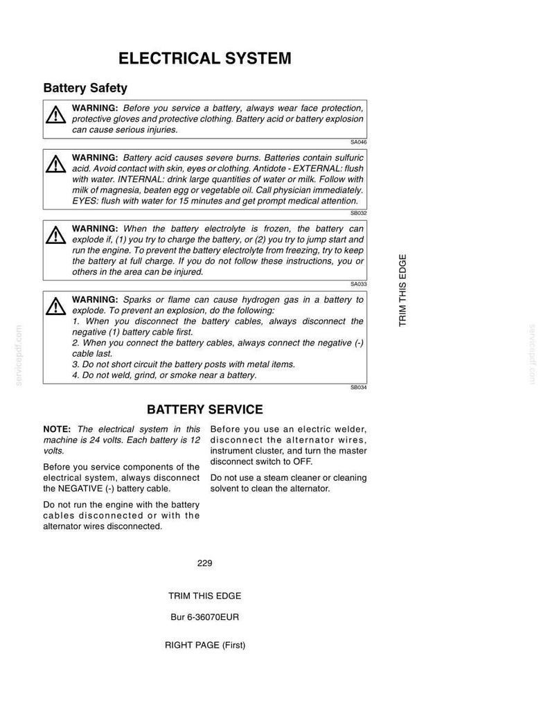 May include: A page from a manual titled "ELECTRICAL SYSTEM" with safety warnings about battery acid and explosions. The text includes instructions for battery service and safety precautions, with warnings in bold.