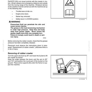 May include: Page from a maintenance manual with instructions for replacing a rubber crawler on a machine. Includes diagrams, safety warnings, and steps to follow. The text includes the angle between the boom and the arm to 90&deg; and 110&deg;.