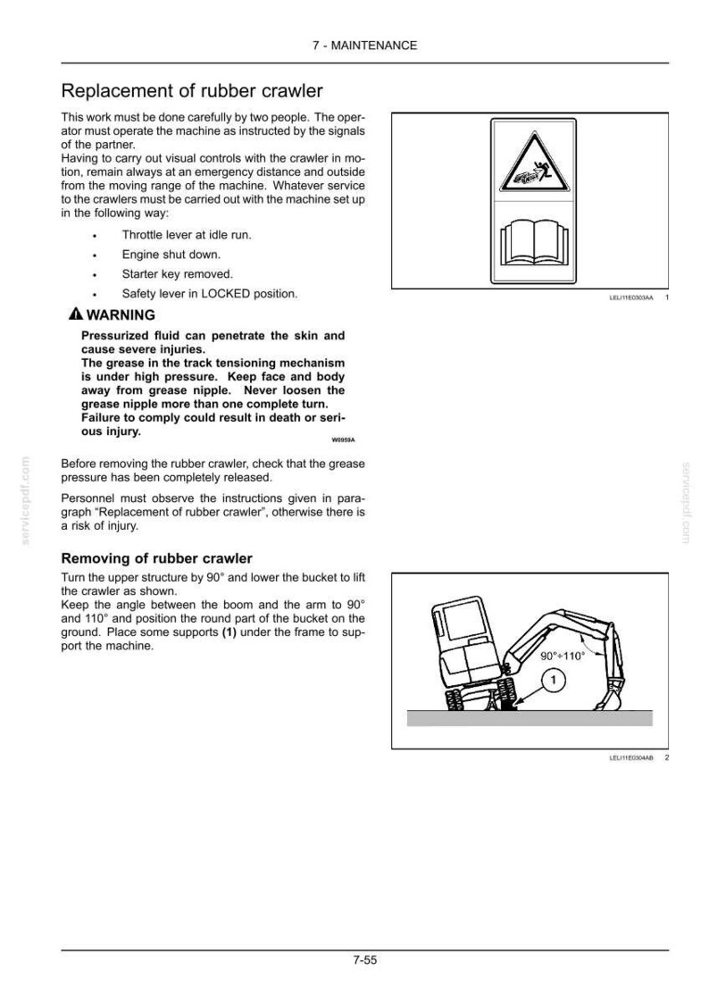 May include: Page from a maintenance manual with instructions for replacing a rubber crawler on a machine. Includes diagrams, safety warnings, and steps to follow. The text includes the angle between the boom and the arm to 90&deg; and 110&deg;.