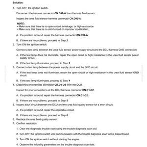 May include: A document with troubleshooting steps for a 206C-Urea fluid quality sensor circuit low voltage issue. The text includes instructions for checking connections, testing circuits, and replacing the sensor. The document is dated 25/02/2015.
