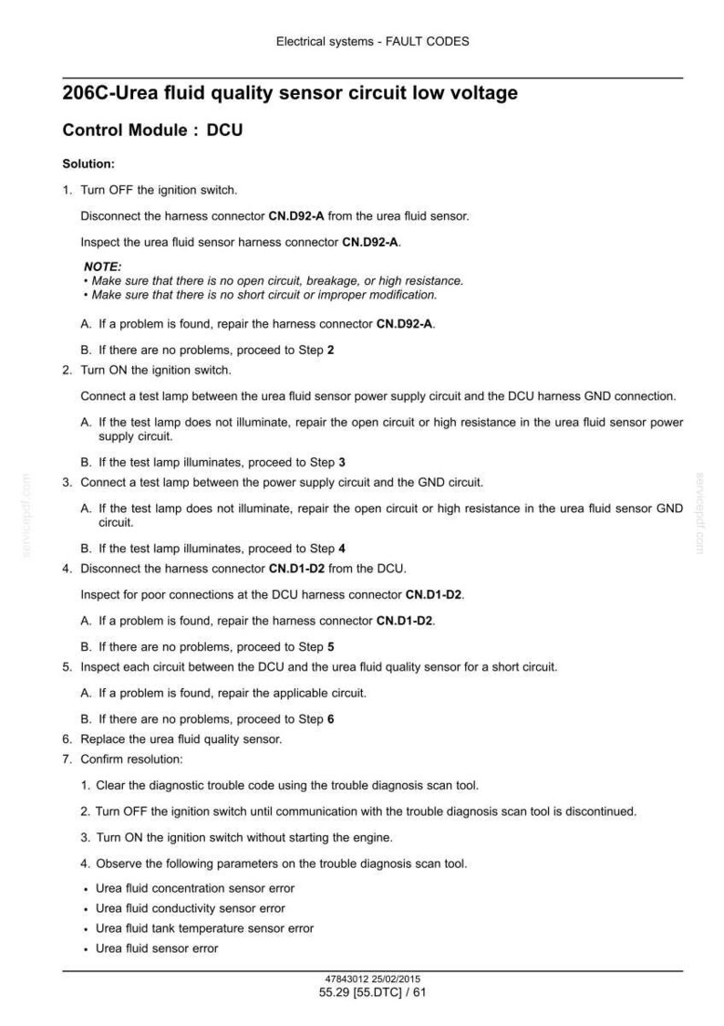 May include: A document with troubleshooting steps for a 206C-Urea fluid quality sensor circuit low voltage issue. The text includes instructions for checking connections, testing circuits, and replacing the sensor. The document is dated 25/02/2015.