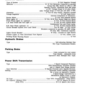 May include: A detailed specification sheet for a tractor, listing electrical system details like voltage, amperage, and light types. Includes information on hydraulic brakes, parking brake, and power shift transmission.