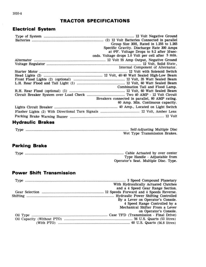May include: A detailed specification sheet for a tractor, listing electrical system details like voltage, amperage, and light types. Includes information on hydraulic brakes, parking brake, and power shift transmission.
