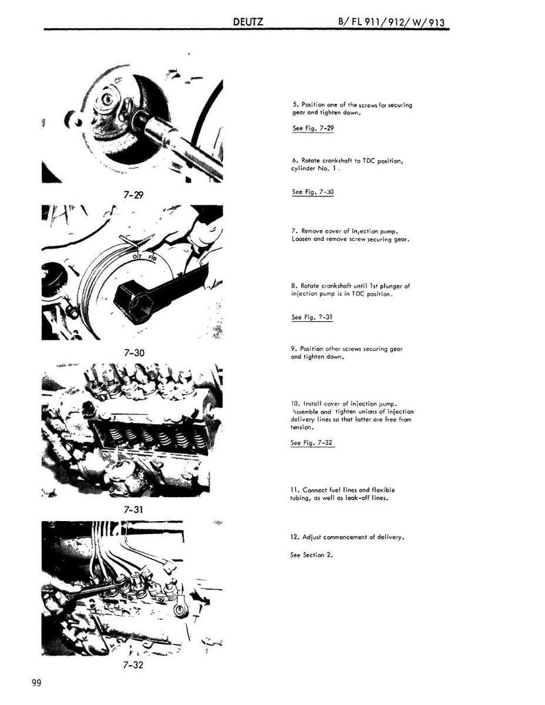 May include: A black and white technical diagram from a manual, featuring detailed illustrations of engine components and procedures. The diagram includes text, labels, and figures such as 7-29, 7-30, 7-31, and 7-32, with the word DEUTZ at the top.