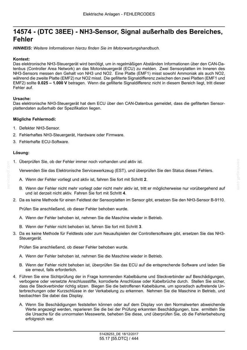 May include: A document with the title "14574 - (DTC 38EE) - NH3-Sensor, Signal au&szlig;erhalb des Bereiches, Fehler" in black text. The document provides information about an NH3 sensor and its potential issues, including troubleshooting steps.