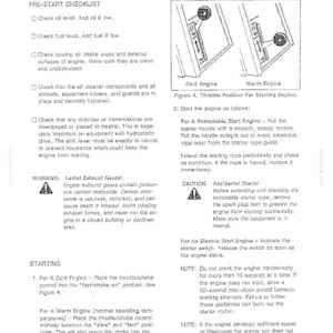 以下が含まれることがあります： 14馬力エンジンの取扱説明書（Operating Instructions）が記載された白黒の技術文書ページ。始動前チェックリスト、コールドエンジンとウォームエンジンのスロットル位置を示す図4、およびエンジンの始動手順が記載されています。