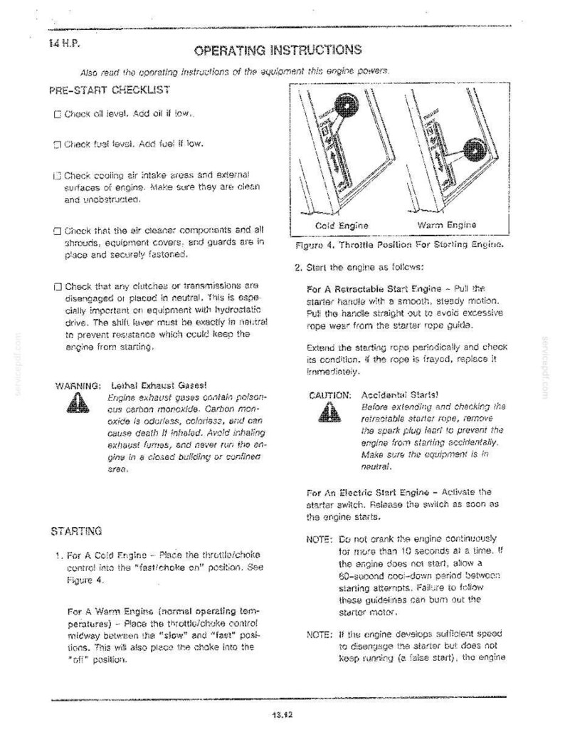 以下が含まれることがあります： 14馬力エンジンの取扱説明書（Operating Instructions）が記載された白黒の技術文書ページ。始動前チェックリスト、コールドエンジンとウォームエンジンのスロットル位置を示す図4、およびエンジンの始動手順が記載されています。