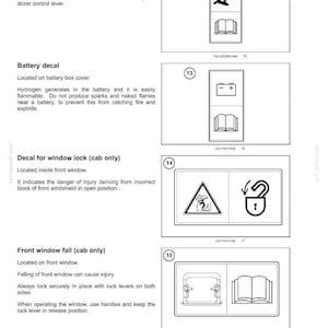 May include: Page from a manual with safety information, including decals for a dozer, battery, window lock, and front window fall. Each decal is accompanied by a brief description and a corresponding illustration.