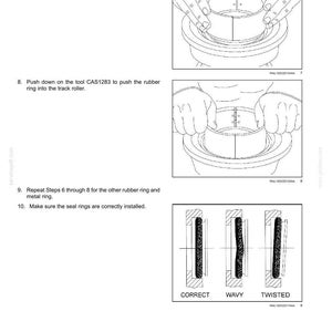 Op de afbeelding: Diagram met instructies voor het monteren van rupsrollen. De afbeelding toont handen die met onderdelen werken, samen met diagrammen van correcte en onjuiste afdichtingsringinstallaties. Tekst: "Tracks and track suspension - Track rollers".