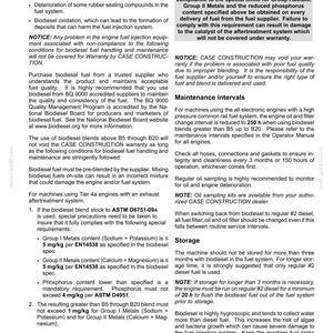 May include: A page from a maintenance manual with text about biodiesel fuel, including warnings about fuel quality, storage, and engine compatibility. The document provides instructions and specifications for engine care.