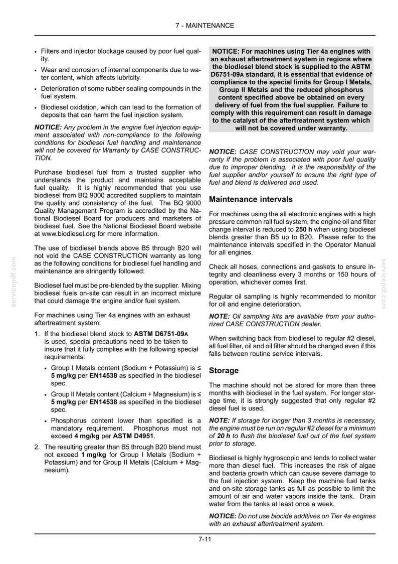 May include: A page from a maintenance manual with text about biodiesel fuel, including warnings about fuel quality, storage, and engine compatibility. The document provides instructions and specifications for engine care.