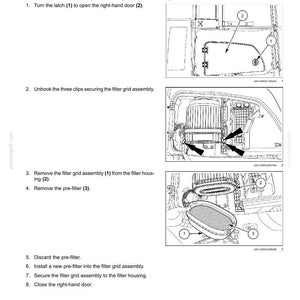 May include: A technical maintenance manual page titled Cab air pre-filter - Replace, featuring black and white line drawings. The diagrams illustrate opening a right-hand door, unhooking three clips on a filter grid assembly, and removing a pre-filter.