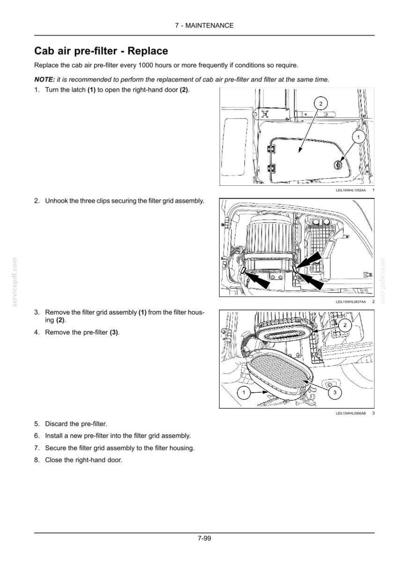 May include: A technical maintenance manual page titled Cab air pre-filter - Replace, featuring black and white line drawings. The diagrams illustrate opening a right-hand door, unhooking three clips on a filter grid assembly, and removing a pre-filter.