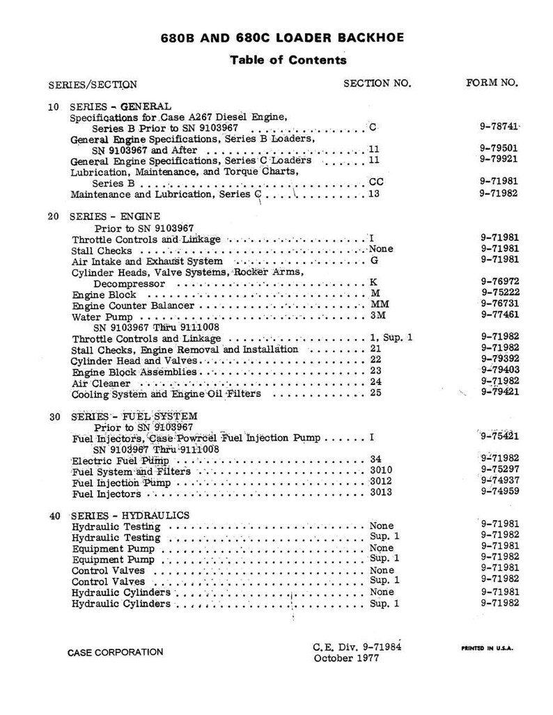 Peut inclure: Document imprim&eacute; en noir et blanc intitul&eacute; &laquo; 680B and 680C Loader Backhoe Table of Contents &raquo;. Il r&eacute;pertorie les sections et les num&eacute;ros de formulaire relatifs aux syst&egrave;mes de moteur et hydrauliques.